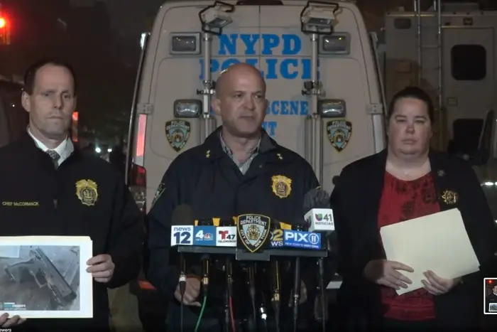 NYPD officers hold a news conference in the Hunts Point section of the Bronx, where officers fatally shoot a man.